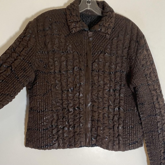 UBU Jacket Womens PL Brown Crinkle Quilted Textured Full Zip Collared Petite - Picture 5 of 16